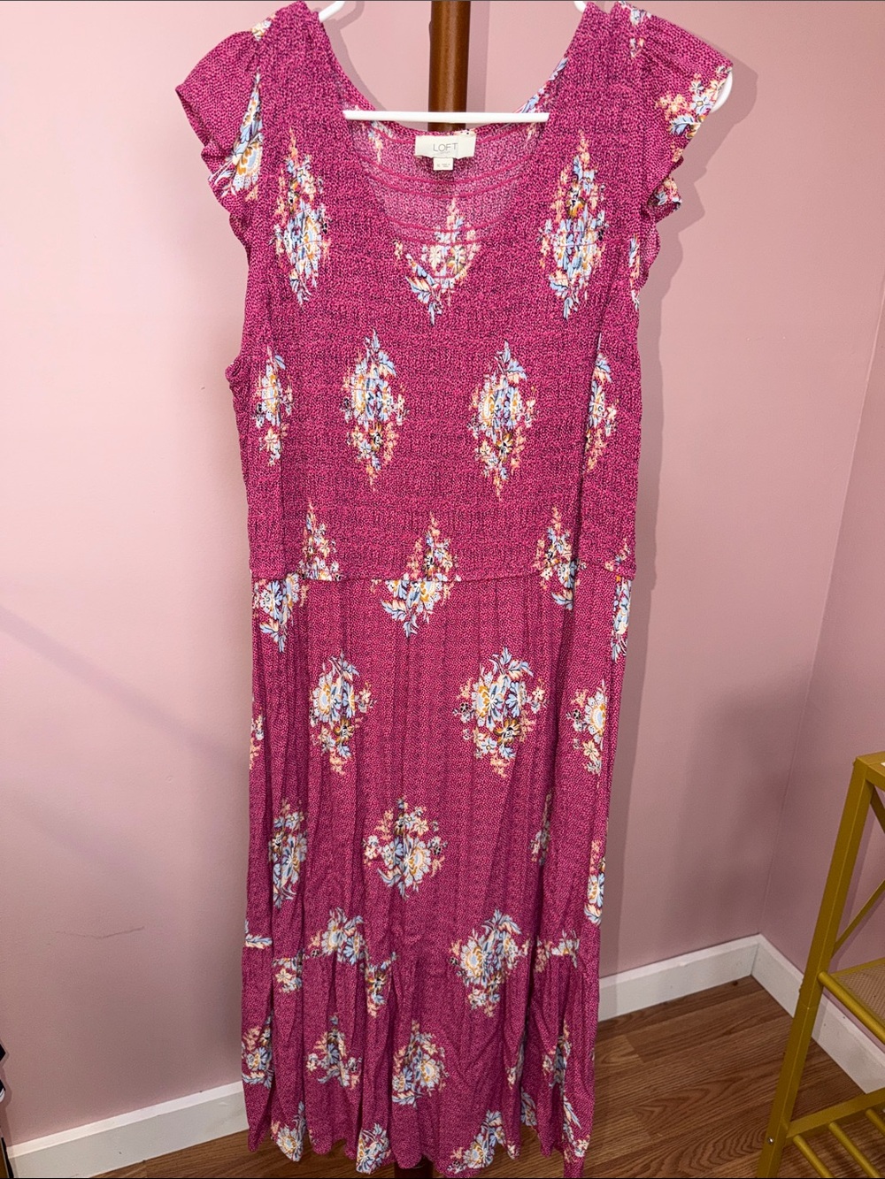 LOFT Magenta Floral Cap-Sleeve Maxi Dress